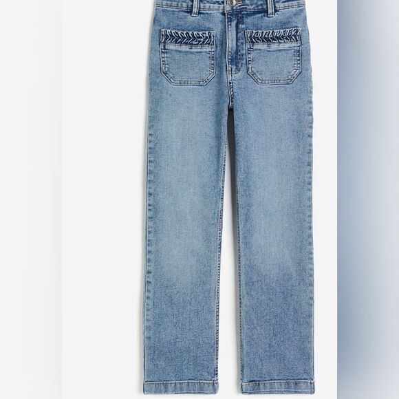 H&M Jeans Stylish Blue Denim Crop High Waist Ruched Pocket Braided Flared Size 6 - Picture 10 of 15